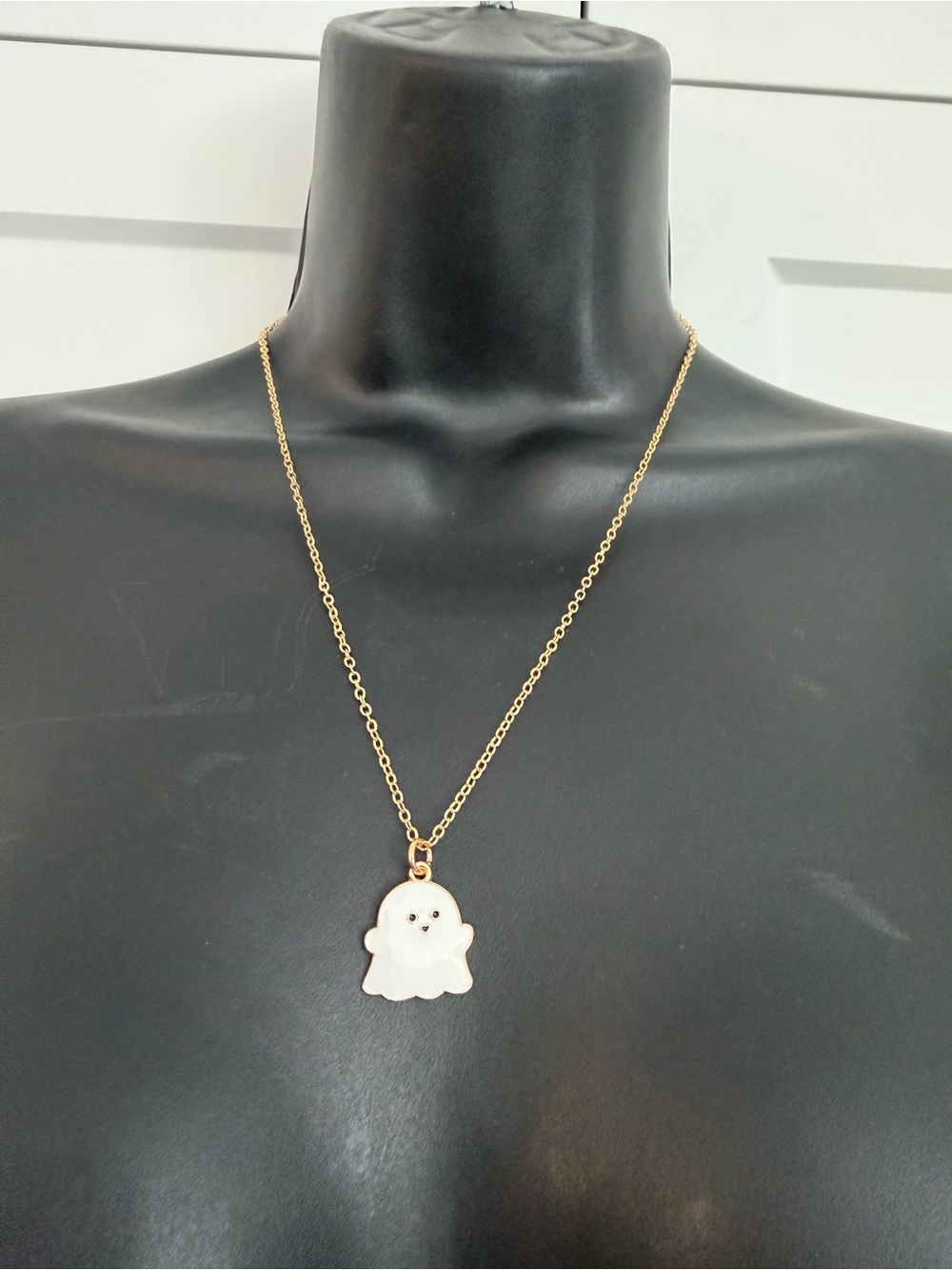 HALLOWEEN White Ghost Pendant Necklace and Earring Set with Gold Chain ACCENT. - Picture 4 of 10